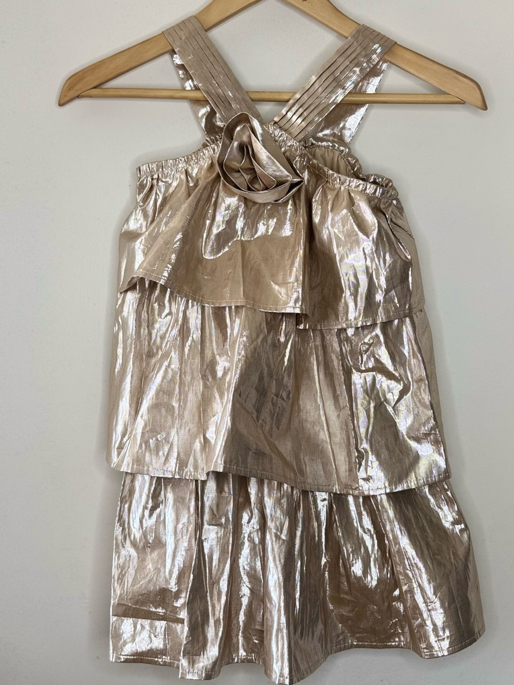 J CREW Crewcuts Collection tiered rosette dress gold lamé Girls 7 Metallic EUC